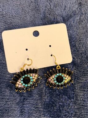 Gold Tone Multicolor Evil Eye Dangle Earrings